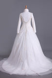 2024 Muslim Wedding Dress Sweetheart A Line Court Train With Applique & Sash PLC2TLGM