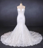 Charming Strapless Sweetheart Mermaid Lace Appliques White Wedding Dresses STK15128