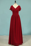 2024 V-Neck A Line Chiffon Bridesmaid Dresses PLJLBY63