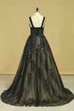 2024 Black Sexy Bateau  A-Line Prom Gown Sweep Train With Beads & Applique