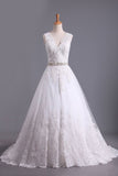 2024 Bridal Dresses A Line V-Back Tulle Chapel Train V-Back Applique & PE15QLTJ