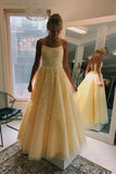 A Line Yellow Tulle Prom Dresses with Lace Appliques, Criss Cross Straps Formal Dresses STK15047