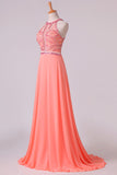 2024 Halter Prom Dresses A Line Chiffon & Tulle Sweep Train With PJ987TAJ