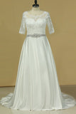 2024 Plus Size Mid-Length Sleeve Wedding Dresses Scoop Satin With P5BQHPRQ