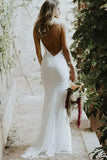 Simple Mermaid Sleeveless V Neck Backless Sweep Train Wedding Dresses