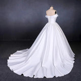 Ball Gown Off the Shoulder White Satin Wedding Dresses, Simple Cheap Wedding Gowns STK15065