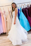 Puffy White V Neck Tulle Sequins Long Prom Dress A Line Backless Evening Dresses STK15313