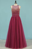 2024 Open Back Scoop Prom Dresses A Line With Beading Tulle PGYN5YCA