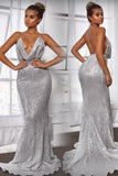 Sexy Mermaid Deep Neck Halter Backless Sequins Prom Dresses Long Formal Dresses SRS15338