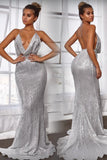 Sexy Mermaid Deep Neck Halter Backless Sequins Prom Dresses Long Formal Dresses STK15338