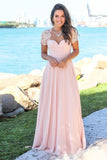 Blush Pink Sweetheart Maxi Dresses Open Back Lace Sleeve Beach Wedding Guest Dresses STK15566