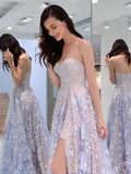 Charming Sweetheart Strapless Lace Appliques Lilac Prom Dresses with STK20404