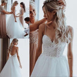 Elegant Tulle Spaghetti Straps V Neck Beaded Appliqued A-line Wedding Dresses STK15208