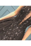 Sexy Ball Gown High Neck Black Tulle V Neck Sequins Party Dresses Prom STKPQC2HNL1