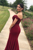 Mermaid Sweep Train Burgundy Off the Shoulder Prom Dresses Split Side