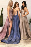 A-Line Sparkle Split Backless Evening Dresses Long Prom Dresses With Pocket