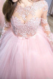 2024 Pink Ball Gown Jewel Long Sleeves Sweep/Brush Train Lace Tulle PFJFBNQK