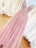 A Line Spaghetti Straps V Neck Rose Pink Tulle Prom Dresses Beaded Bodice Formal Dress STK15033