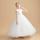 Round Neck Satin Short Sleeves Flower Girl Dresses With Lace Appliques