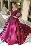 Ball Gown Long Sleeves Burgundy Satin Beads Prom Dresses with Appliques, Quinceanera Dress STK15498