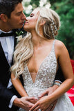 Elegant A Line Illusion Beads V Neck Tulle Long Backless Wedding Dresses, Prom Dresses STK15510