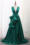 2024 V Neck A Line Satin Prom Dresses With Slit Sweep Train