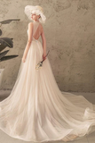 Ivory Jewel Sleeveless Tulle Wedding Dress With Lace A Line Pleats Open Back Bridal STKPXNMNP57