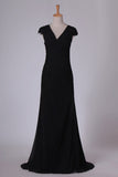 2024 Black Evening Dresses V Neck Mermaid With Applique Sweep Train P19G3F18