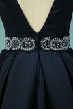 2024 V Neck A Line Satin Prom Dresses With Beaded PEJTDMBY