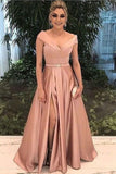 2024 A Line New Arrival Off The Shoulder Satin Evening Dresses With Slit PD5PMXTT