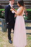 Charming A Line V Neck Open Back Tulle Pink Prom Dresses with Beading, Prom STK20396