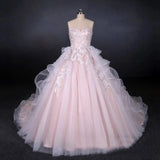 Ball Gown Strapless Sweetheart Wedding Dresses with Lace Applique, Tulle Prom Dresses STK15070