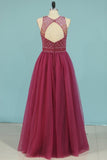 2024 Open Back Scoop Prom Dresses A Line With Beading Tulle PGYN5YCA