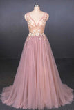 Elegant Pink V Neck Sleeveless Tulle Prom Dress with Appliques, A Line Tulle Evening Dresses STK15191