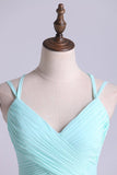 2024 Prom Dress Spaghetti Straps Chiffon A Line Ruffled Bodice With Criss Crossed P62FBXZ2