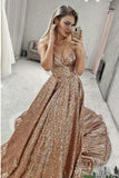 Puffy Sleeveless Sequined Court Train Prom Dress, Sparkly Sequin Evening Dresses STK15312