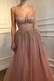 Sexy A-Line Spaghetti Straps Rhinestone Tulle Sweetheart Evening Dresses Pink Formal Dresses STK15329