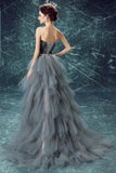 Elegant High Low Strapless Sweetheart Feathers Tulle Gray Prom Dresses with Lace STK15643