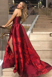 Unique A Line Strapless Burgundy Satin Prom Dresses with Appliques, Formal Dresses STK15454