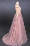 Elegant Pink V Neck Sleeveless Tulle Prom Dress with Appliques, A Line Tulle Evening Dresses STK15191