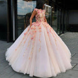 Princess Ball Gown Pink Tulle Prom Dresses with Handmade Flowers, Quinceanera STK20430