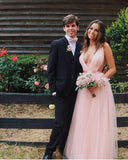 Charming A Line V Neck Open Back Tulle Pink Prom Dresses with Beading, Prom STK20396