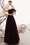 Charming A Line Long Off the Shoulder Burgundy V Neck Prom Dresses with Sweetheart STK15089