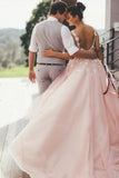 Sheer Round Neck Pink Wedding Dresses Backless Bridal Gown With Lace STK20469