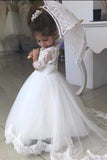 White Lace Appliques A Line Little Girls Dresses Half Sleeves V Neck Flower Girl Dresses