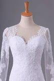 2024 Long Sleeves V Neck Open Back Wedding Dresses Tulle With Applique P8NQRK14