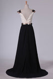 2024 Chiffon Prom Dresses Bateau Open Back With Beading Sweep P5CMSTHF