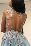 A Line Sleeveless See Through Tulle Prom Dress With Appliques Floor Length Formal STKPMLLSKLL