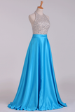 2024 Open Back Halter Beaded Bodice Prom Dresses Satin Floor-Length