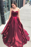 Unique A Line Burgundy Sweetheart Strapless Satin Prom Dresses, Simple Party Dress STK15602